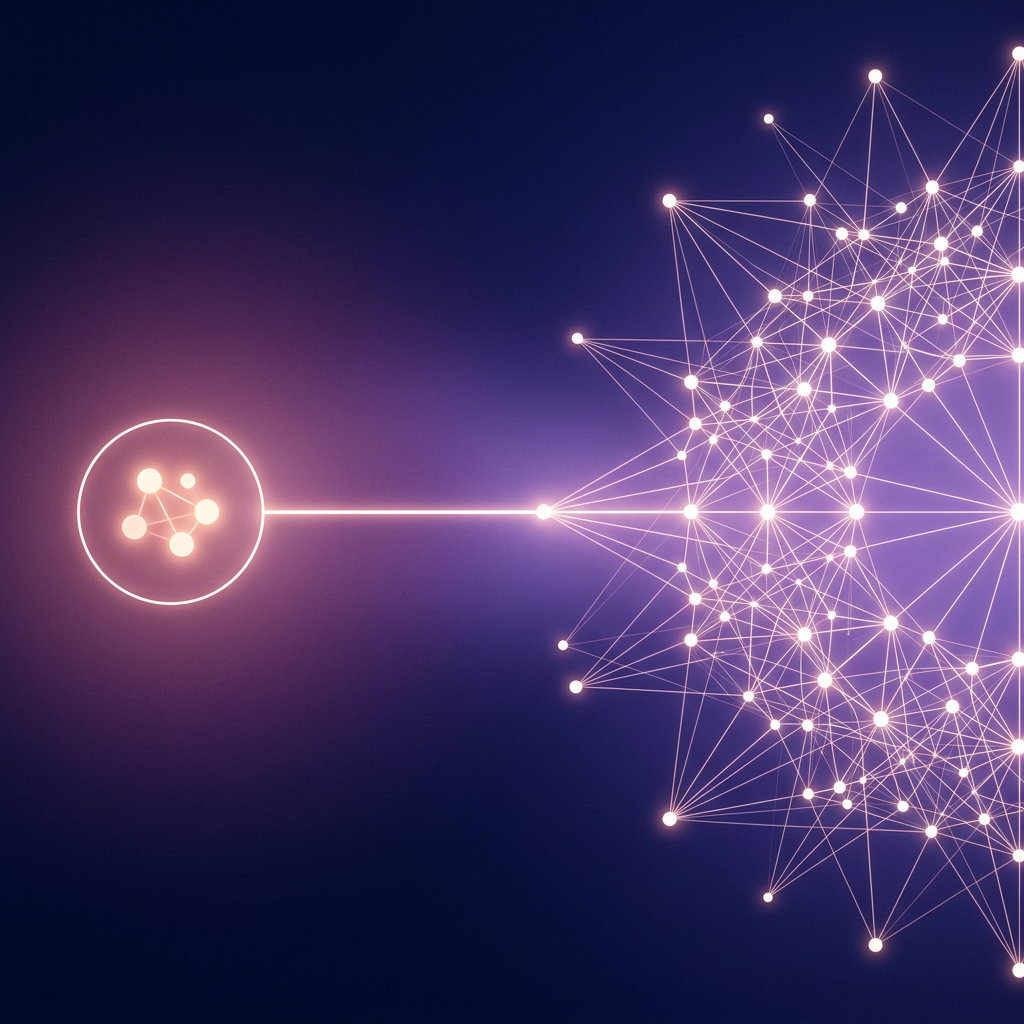 Abstract illustration of a small enclosed network opening out into a vast glowing constellation