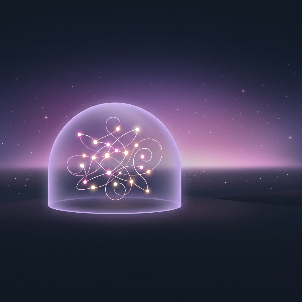 Abstract illustration of a small enclosed network opening out into a vast glowing constellation