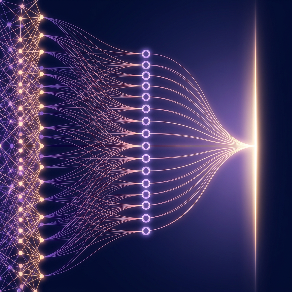 Abstract illustration of a small enclosed network opening out into a vast glowing constellation
