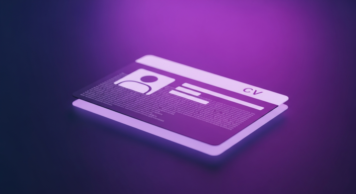 Close-up of a single pristine glowing document card with faint code showing through it, suggesting a perfect but artificial CV