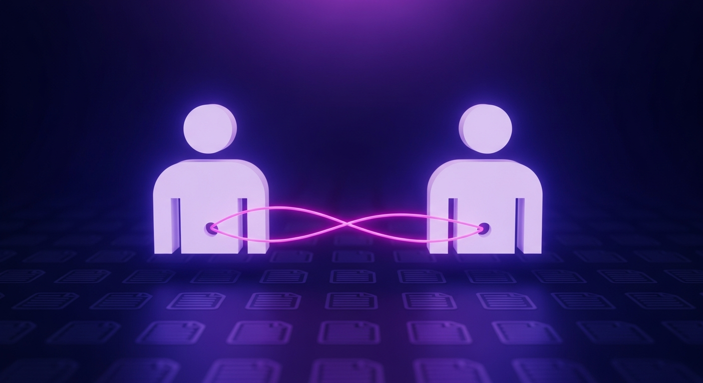 Two glowing human nodes joined by a single bright thread of trust, set against a field of faint identical document icons