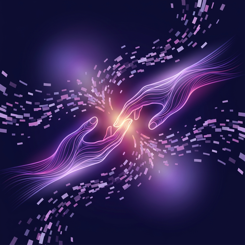 Abstract illustration of a glowing handshake cutting through a storm of faded job applications